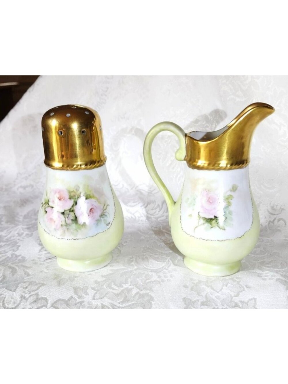 Hand Painted Signed Porcelain Muffineer & Pitcher Gold Trim Floral Design 1943